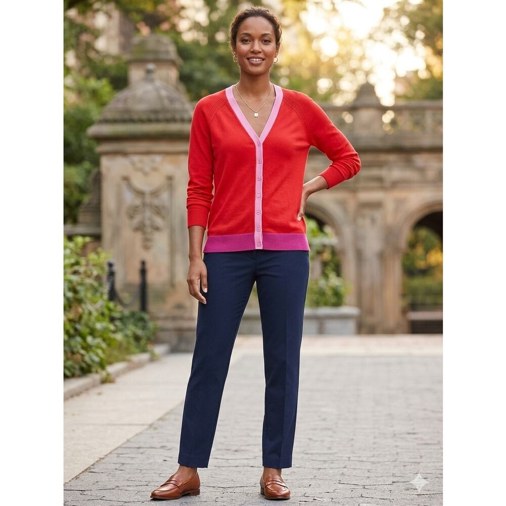 Talbots Colorblock V-Neck Cardigan Sweater Red Pink Trim Size L Cotton Rayon